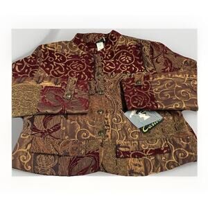 CARIBE Tapestry Damask Jacquard Blazer Women XL Burgundy Short Jacket Whimsical